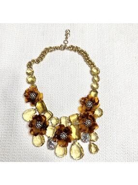 J Crew Tortoise Crystal Flower Necklace Multi Light Gold Tone “Measurements”